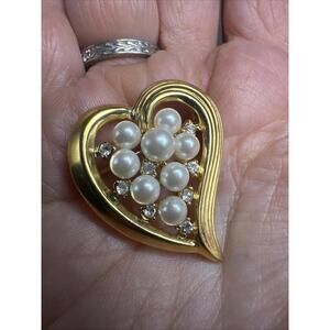 Vintage Signed  Trifari Heart Brooch Pin Faux Pearls and Rhinestones